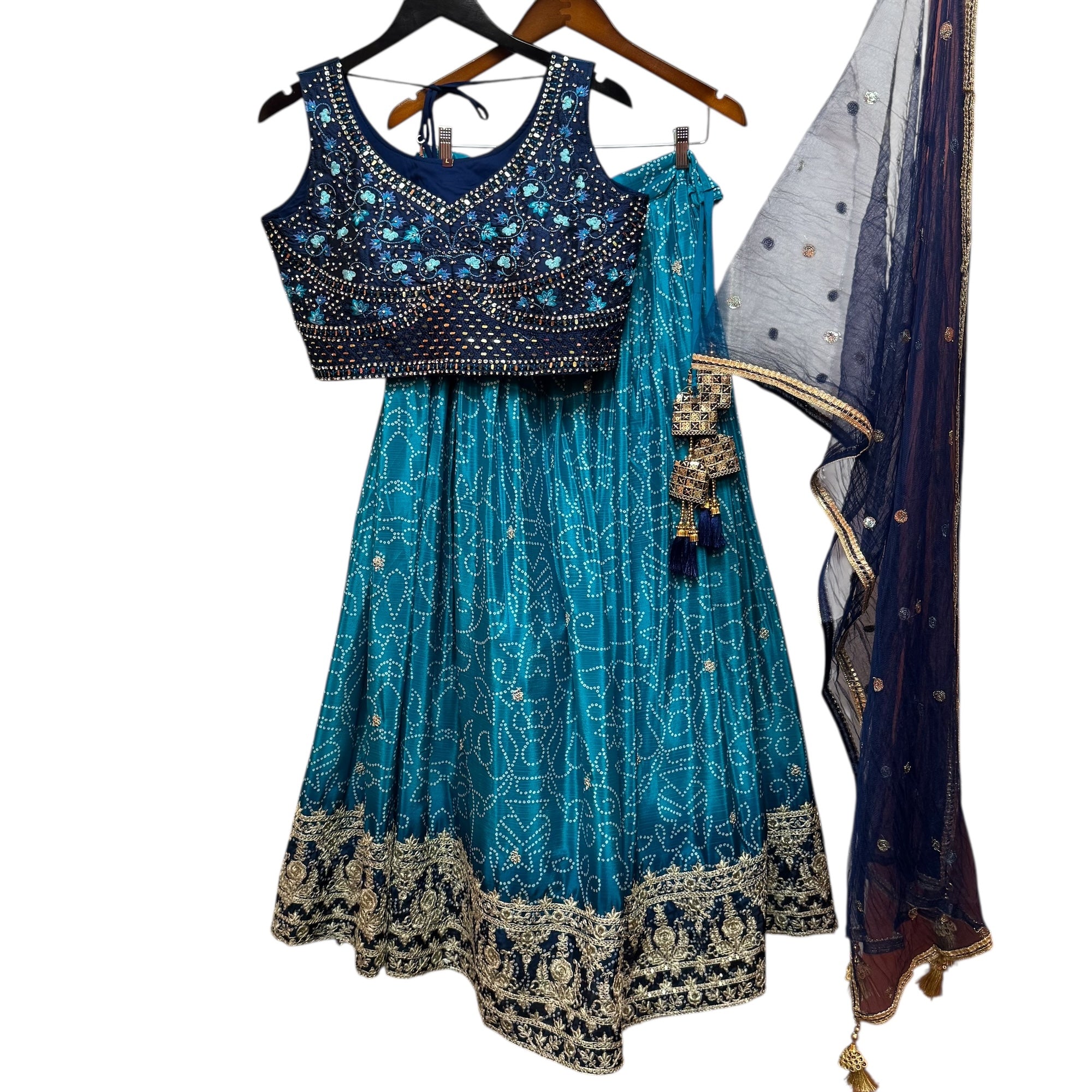 Turquoise Navy Mirror Bandhani Lehenga Set - Wholesale accessories from Vintage India NYC, United States