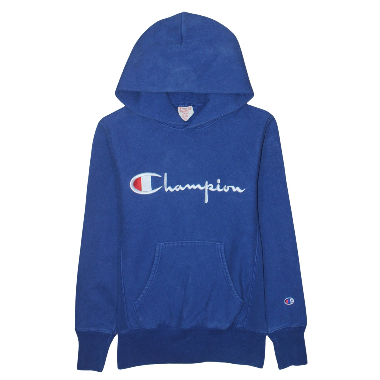 Champion Royal Blue Hoodie Women’s Small Embroidered Script Logo Front Pocket Pullover Sweatshirt - Wholesale 90s from Vintage Wholesaler, United Kingdom