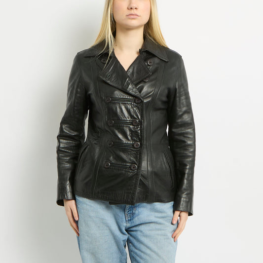 Button Up Collared Leather Jacket - UK 8 - Wholesale boho from we are. preloved fashion, United Kingdom