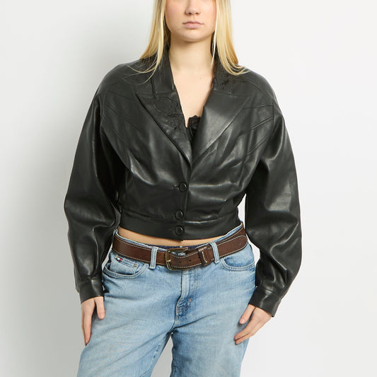 Cropped Leather Jacket With Embroidered Collar - UK 12 - Wholesale boho from we are. preloved fashion, United Kingdom