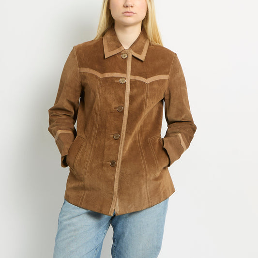 Suede Button Up Jacket With Leather Detailing - UK 10 - Wholesale boho from we are. preloved fashion, United Kingdom