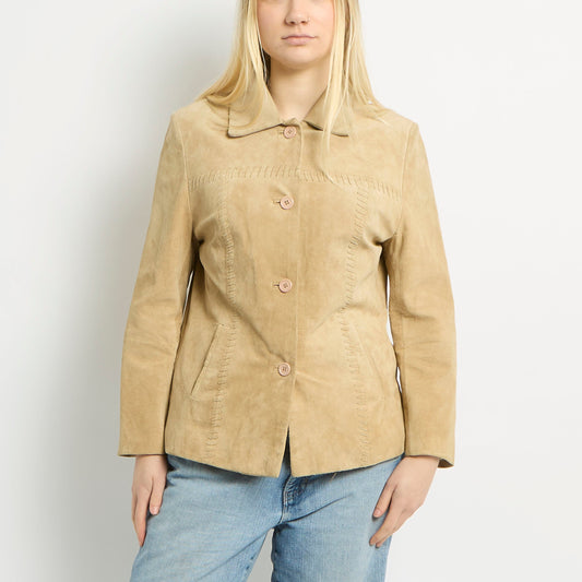 Suede Jacket with Pink Buttons and Stitch Detailings - UK 10 - Wholesale boho from we are. preloved fashion, United Kingdom