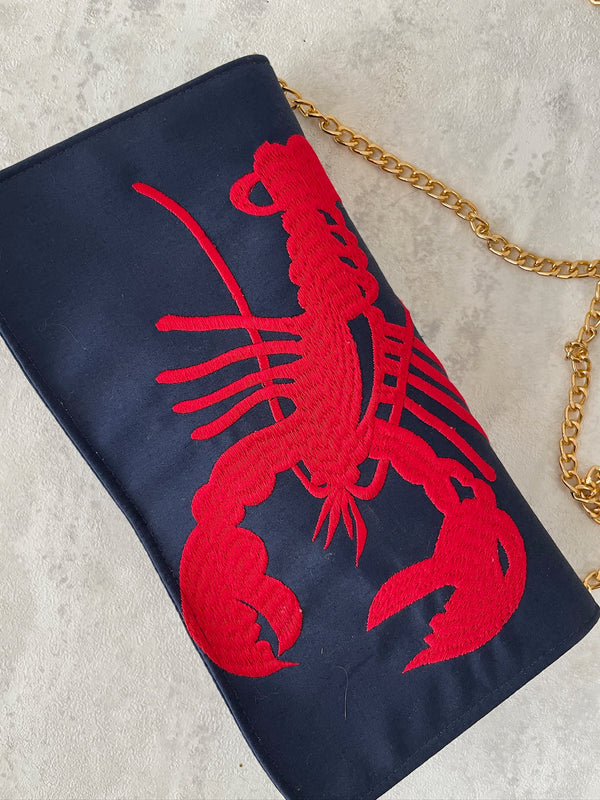 Vintage Red Lobster Embroidered Navy Evening Bag on Gold Chain - Wholesale accessories from We Thieves, United States