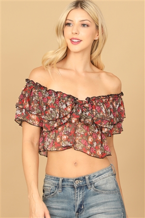 BLACK FLORAL RUFFLE OFF SHOULDER CROP TOP - Wholesale accessories from Wholesale Fashion Square, United States