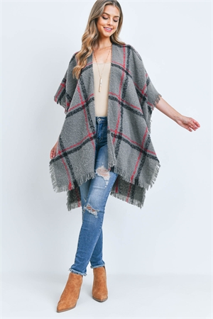 PLAID OPEN FRONT FRINGE KIMONO CHARCOAL - Wholesale accessories from Wholesale Fashion Square, United States