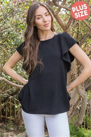 PLUS SIZE BUTTERFLY SLEEVE TEXTURED SOLID TOP - BLACK - Wholesale accessories from Wholesale Fashion Square, United States