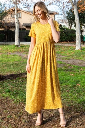 SHORT SLEEVE DITSY FLORAL ELASTIC WAIST MAXI DRESS- MUSTARD IVORY - Wholesale accessories from Wholesale Fashion Square, United States
