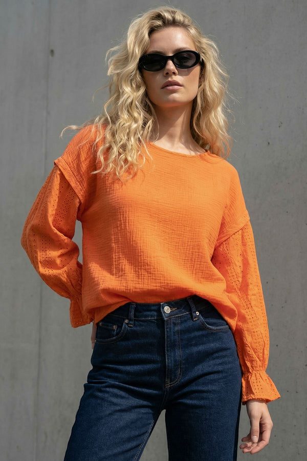 Plain Puff Eyelet Detail Sleeve Cotton Top - Wholesale accessories from Wholesale Shopping, United Kingdom