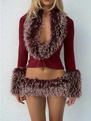 Fur Trim V Neck Cropped Fluff Skirt Sets - Wholesale accessories from Wholesale7, China