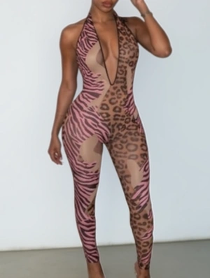 Leopard Halter Backless Deep V Neck Jumpsuits - Wholesale accessories from Wholesale7, China