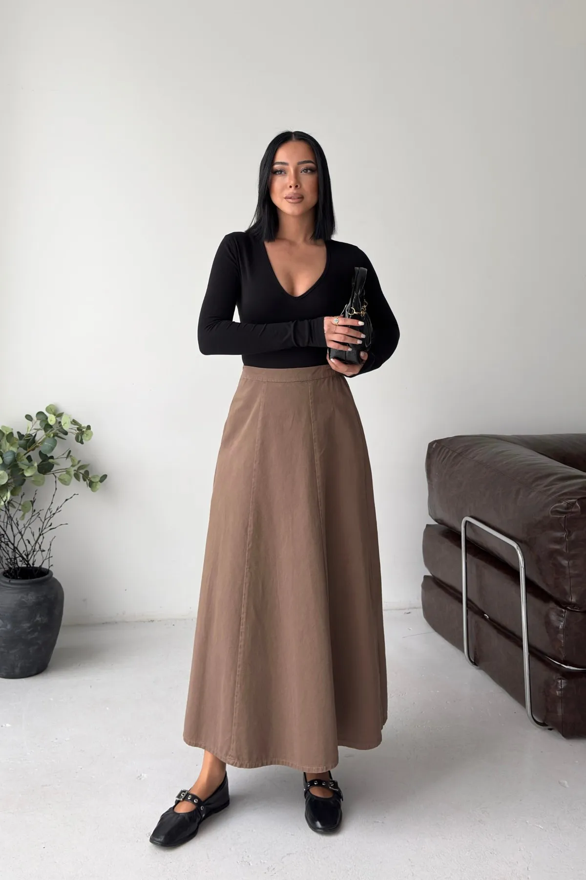 Beli Lastikli Volanlı Uzun Etek 1063 Toprak - Wholesale denim from XLove Jeans, Turkey