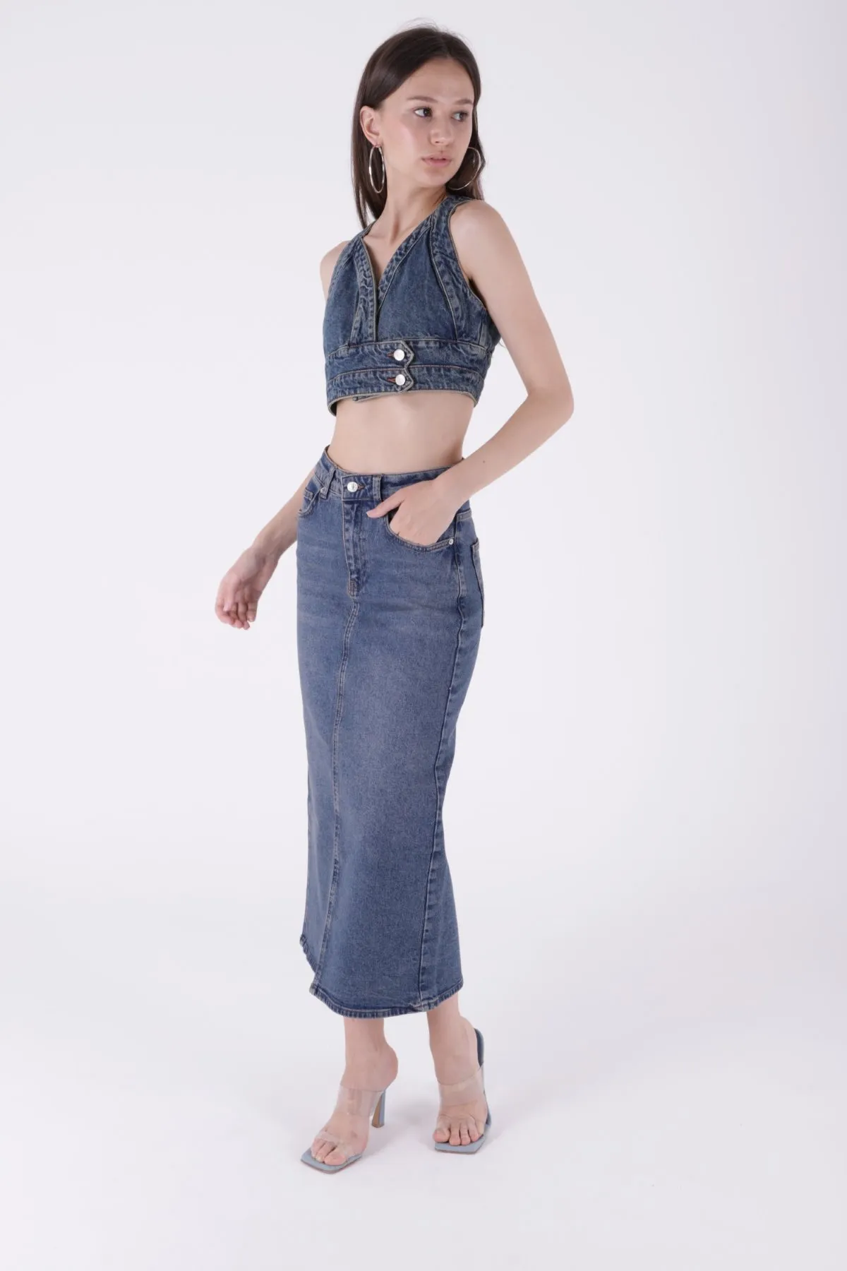 Uzun Boy Kot Etek 1038 Koyu Mavi Kar Yıkama Tintli - Wholesale denim from XLove Jeans, Turkey